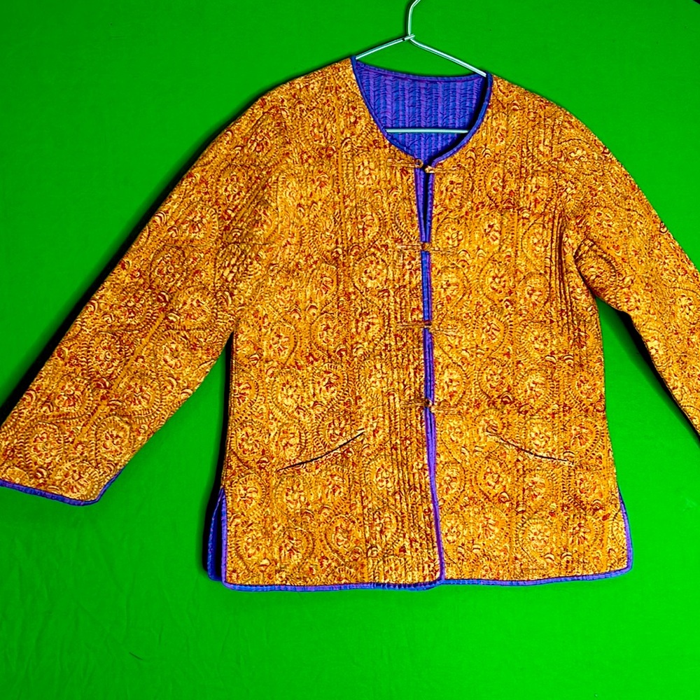 REVERSABLE JACKET (Indian) purple irradescent/mutard yellow & rust. Brass button